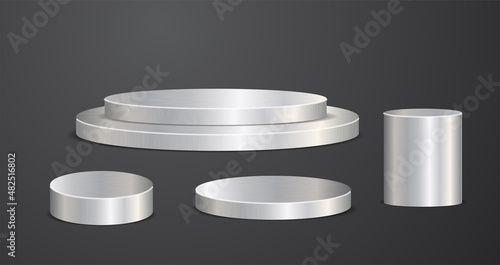 Silver 3d cylinder set podium presentation mock up, Chrome steel show cosmetic product display stage pedestal design, Vector illustration