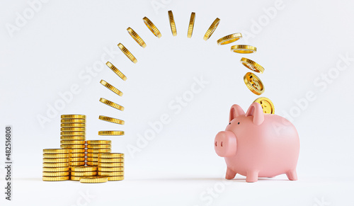 Golden coins stacking and flying to pink piggy save money on white background for deposit and financial saving growth concept by 3d render.
