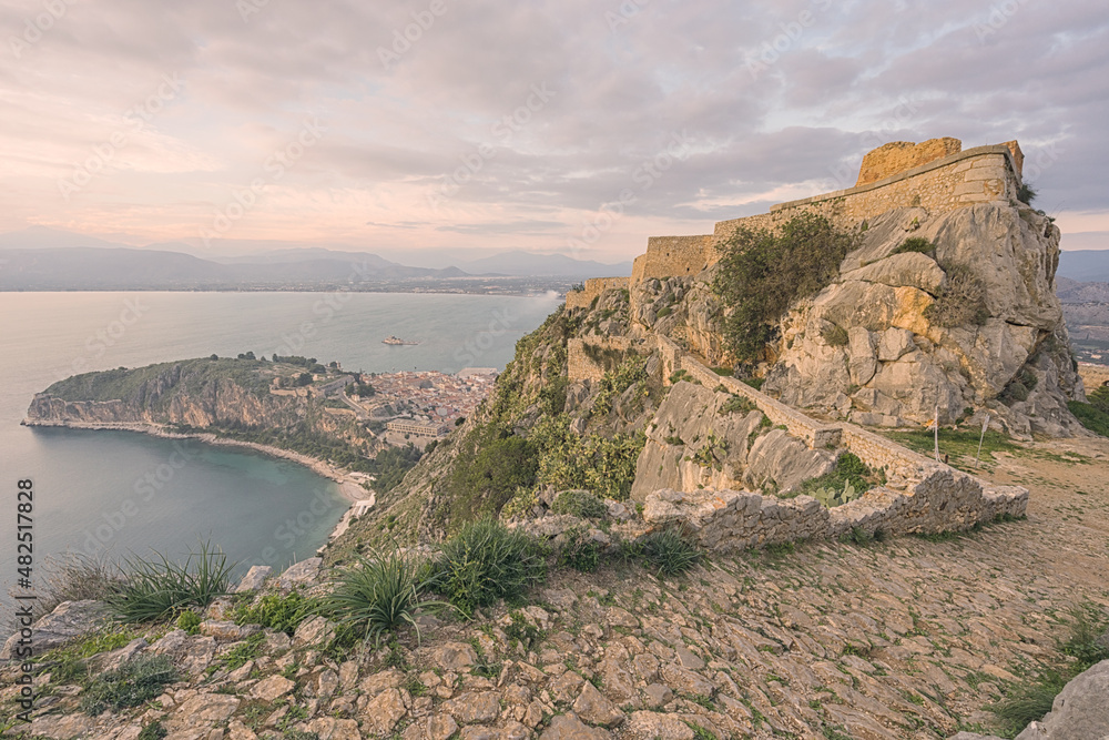 Old Palamidi fortress on the cliff, with view of the Argolic Gulf, Greece