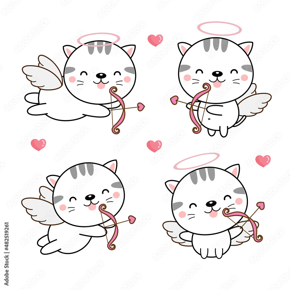  Set of Cute cat cupid with bow and arrow.