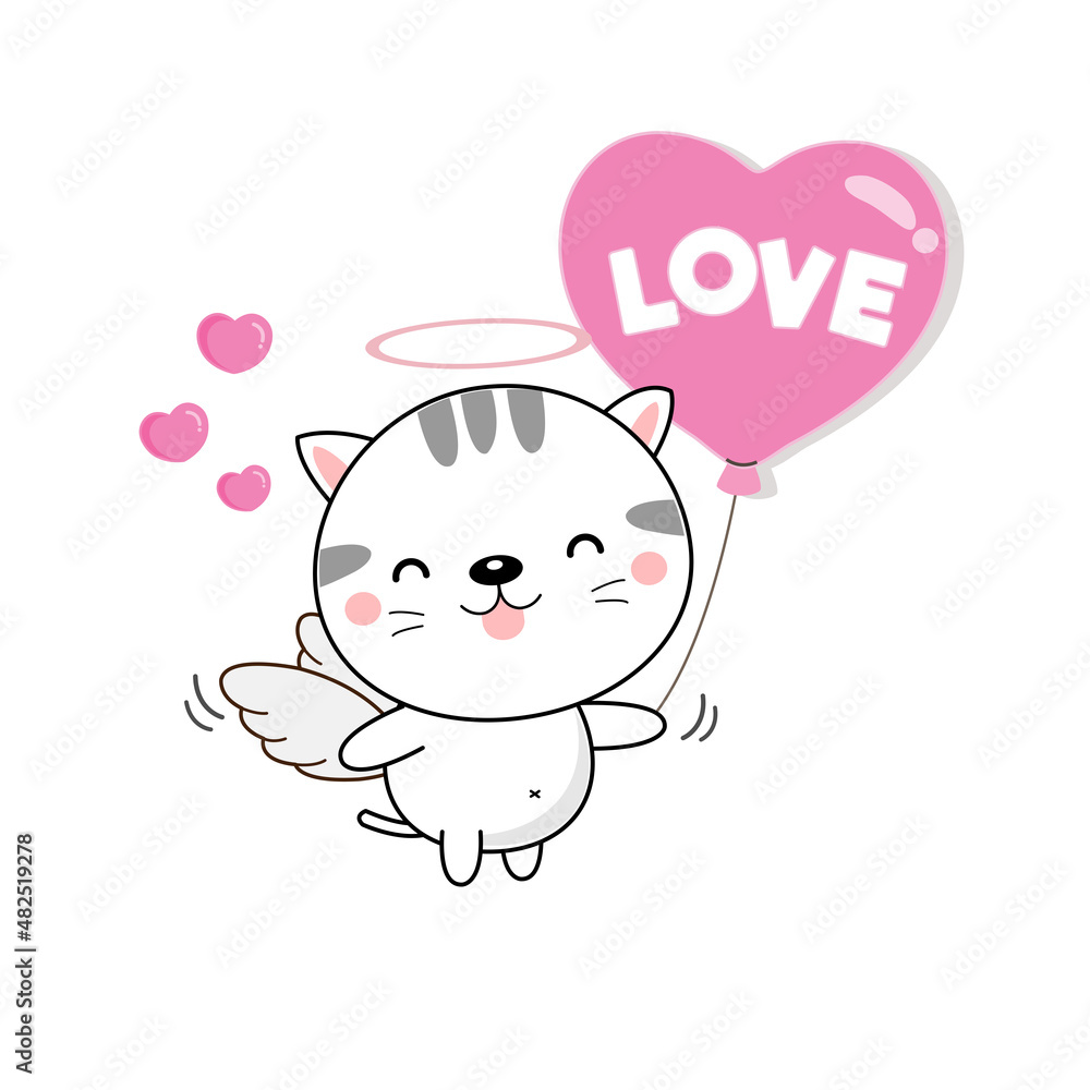 Cute cat cupid holding pink ballon.