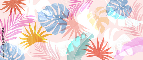 Tropical foliage art background vector.Digital print design with palm, floral and leaves with watercolor brush texture. Canvas art for wallpaper, wall arts, prints, fabric, pattern and packaging.
