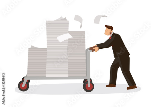Employee pushing a large stack of papers and sheets of paper fly.