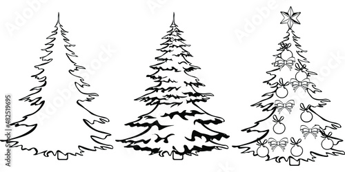 Black and white drawing of Christmas trees for coloring. Different Christmas trees for coloring. Vector illustration