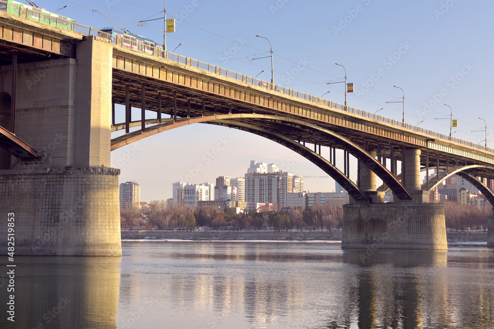 Arch bridge over the Ob river in Novosibirsk