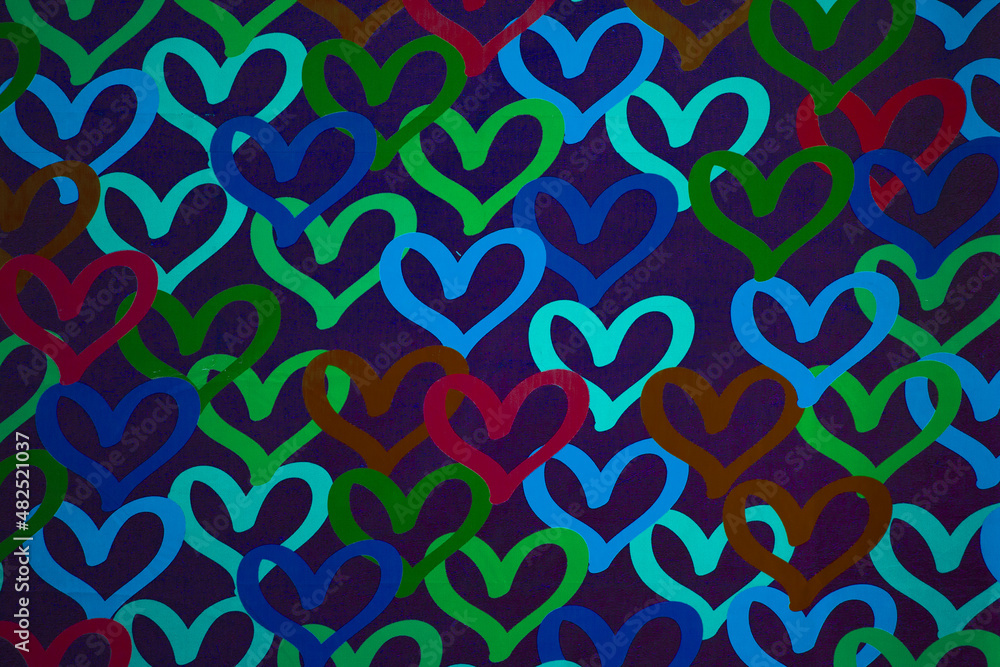 Valentine's day concept with colorful heart patterns background. Colorful love concept idea with lots of hearts on the wall illustration. Celebrating Valentines day.