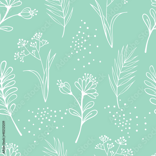 Floral seamless pattern with grass on white. Easter botany illustration in hand drawn sketch style. Line art. Ink drawing. 