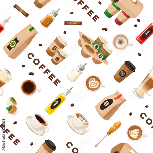 Coffee pattern, seamless background. Vector illustration cartoon flat template for packaging design and wallpaper.