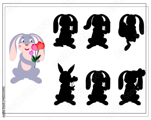 Children's logic game find the right shadow. A hare with flowers. Vector isolated on a white background