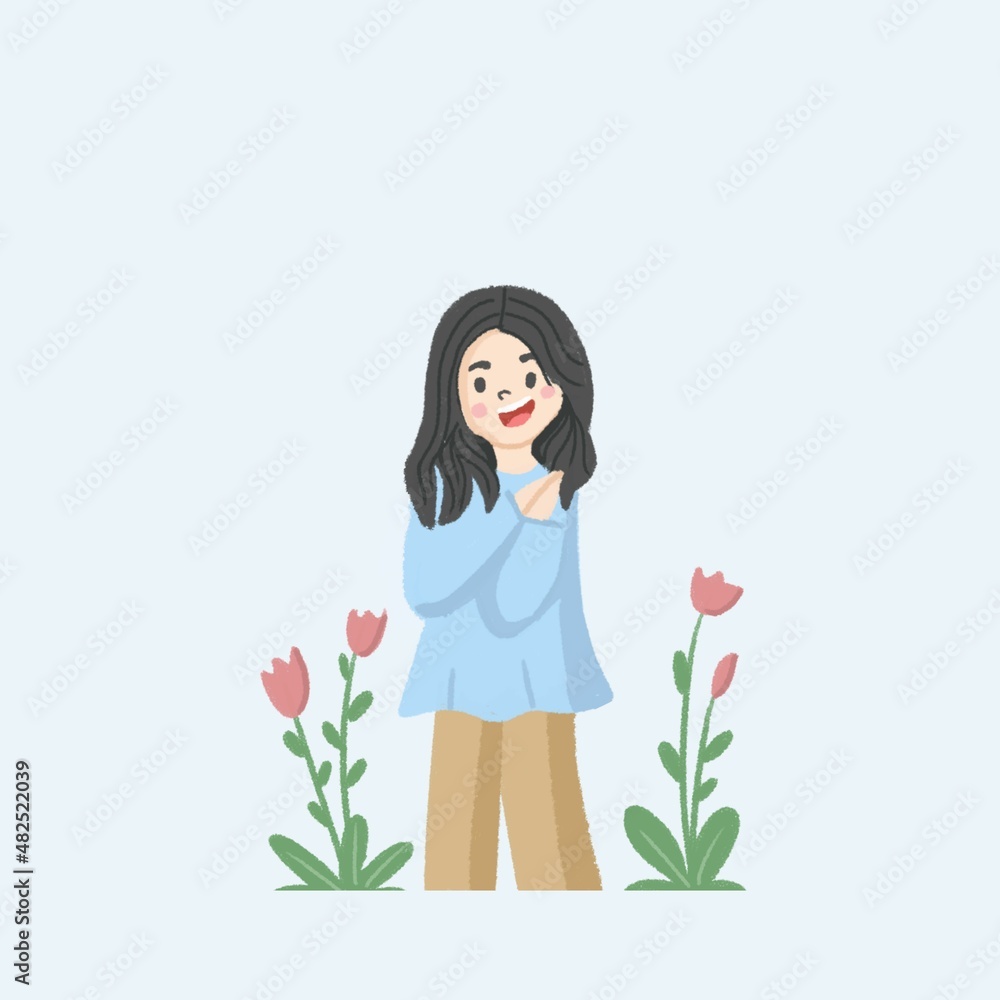 illustration flat happy girl with cute flower illustration flat happy girl with cute flower