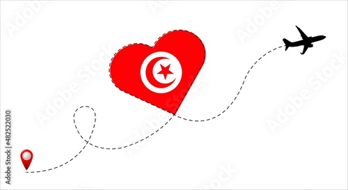 Airplane flight route with Tunisia flag inside the heart.