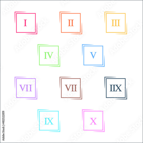 Colorful info-graphic roman numbers can be use to create presentation. Bullet points roman numbers one to ten. Oval shape vector numbers.