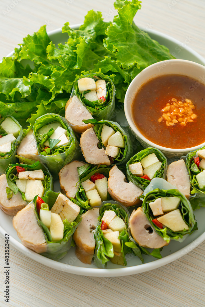 Vietnamese meatball wrap or Vietnamese salad roll or Namnueng or Nem Nuong Vietnamese meatball wrap or Vietnamese salad roll or Namnueng or Nem Nuong