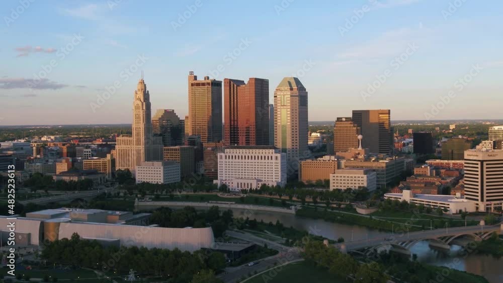 Aerial drone view towards the skyline of Columbus city, golden hour in Ohio, USA Aerial drone view towards the skyline of Columbus city, golden hour in Ohio, USA