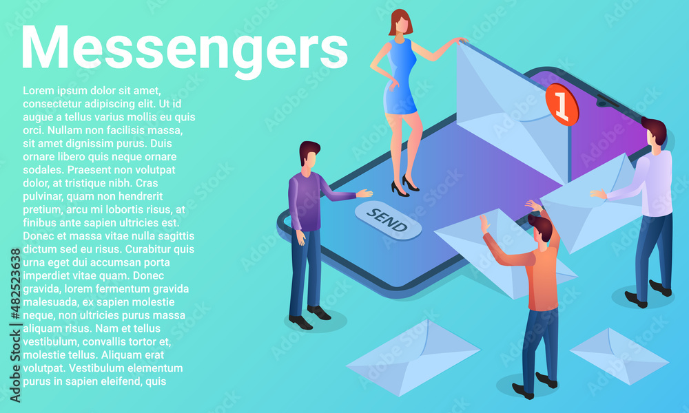 Messengers.People use the app installed on their smartphone to communicate with each other.Poster in business style.Flat vector illustration. Messengers.People use the app installed on their smartphone to communicate with each other.Poster in business style.Flat vector illustration.