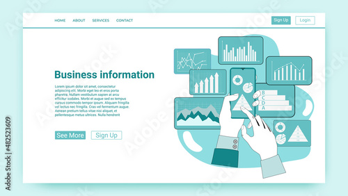 Business information.A businessman uses a smartphone with an application for business control.An illustration in the style of a green landing page.