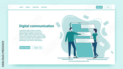 Digital communication.Online communication, use of social networks.People on the background of a smartphone and an open messenger.An illustration in the style of a green landing page.