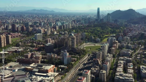 Aerial View Over Avenida Presidente Kennedy With Santiago City Views. Dolly Back Establishing Shot photo