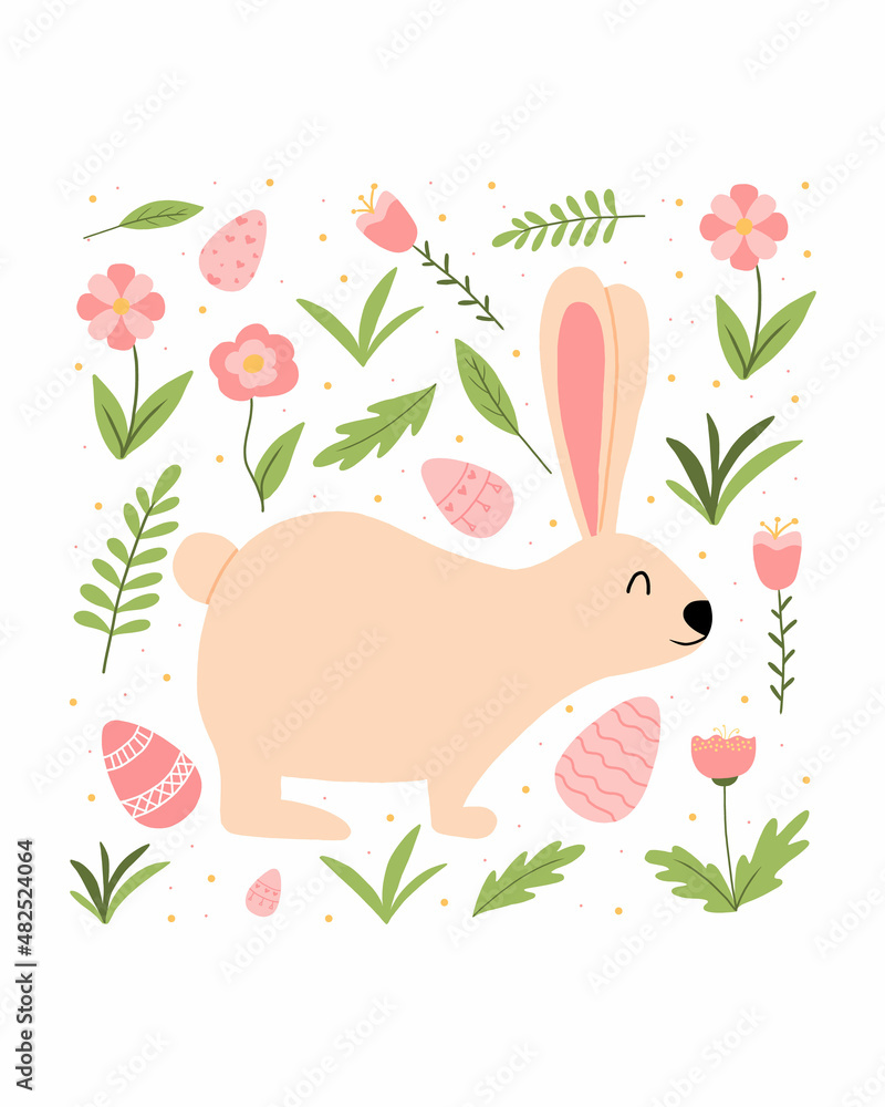 Obraz premium Easter bunny with eggs vector illustration. Cute postcard for Easter with a rabbit.Rabbit with eggs, flowers and leaves.