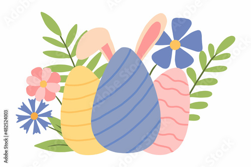 Vector illustration of Easter eggs and flowers. Rabbit ears stick out from behind Easter eggs. Postcard for Easter.