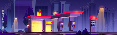 Oil station at night, cars refueling service. All day petrol shop building facade with market, price display and pump hoses, fuel selling for urban vehicles, gas refill, Cartoon vector illustration