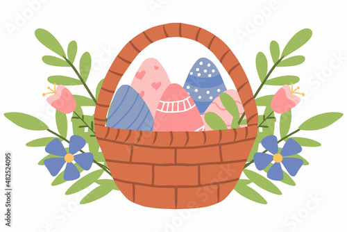 Illustration of a basket easter eggs. Vector illustration. Cute illustration of a basket with decorated eggs.