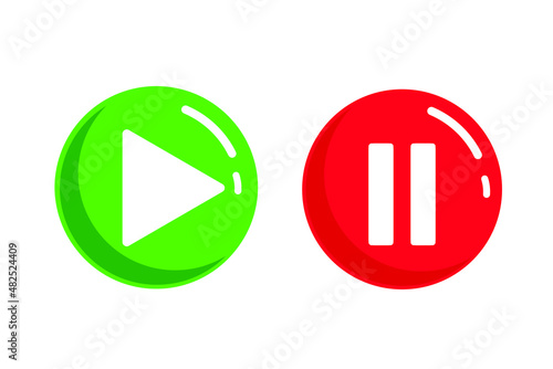 Play and Start ButtonsIcons Isolated on white background. Start and Stop Red Buttons for social media, website designs and any kind of graphic design. Multimedia concept. Mobile app element.