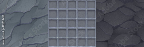 Asphalt and stone textures for game, seamless backgrounds. Rocks tiles and rebar grate, cobblestone grey and black ground surface textured effect layers, paving ui design elements Cartoon vector set