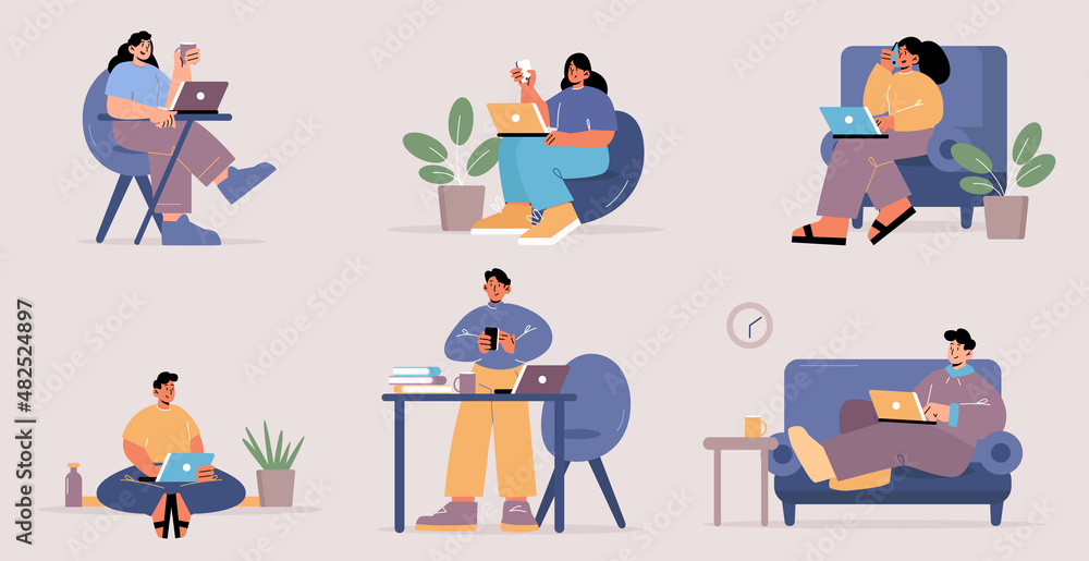 Work from home, set of people with laptops. Freelance, self-employment  concept. Freelancers or outsourced remote workers with computers sit at  desk or sofa in room, Line art flat vector illustration Stock-Vektorgrafik
