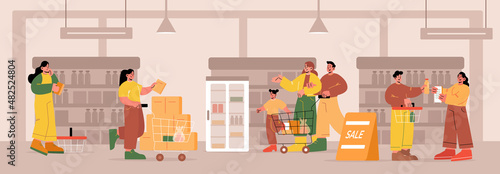 People in supermarket or grocery store market, visitors with carts walk along shelves choose food. Men, women and kids customers characters shopping, buying products in shop, Line art flat vector set