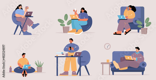Work from home, set of people with laptops. Freelance, self-employment concept. Freelancers or outsourced remote workers with computers sit at desk or sofa in room, Line art flat vector illustration