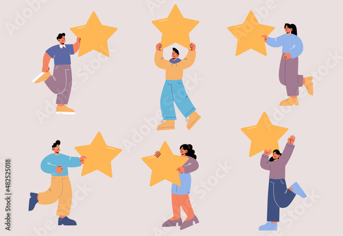 People holding stars, rating, consumer feedback or customer review evaluation, satisfaction level and critic concept. Tiny clients with huge gold stars in hands, Line art flat Vector illustration