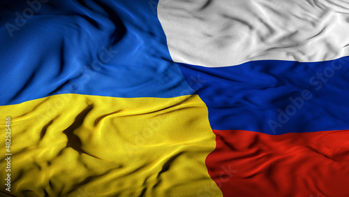 Ukraine - Russia Combined Flag | Ukrainian and Russian Independence Conflict Tension | Truce, Unity, Peace Relations Concept - 3D Illustration