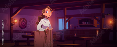 Girl waitress in old tavern with wooden bar counter, shelf with bottles, lanterns, candles and beer mug on table. Vector cartoon interior of vintage pub, retro saloon with pretty woman hostess