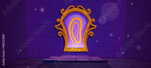 Magic mirror in golden frame on stone wall at night. Vector cartoon fantasy illustration of wizard or witch room in medieval castle with antique mirror with mystery glow and reflection