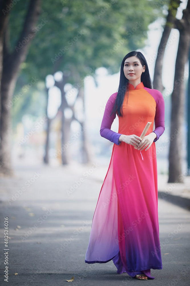 Ho Chi Minh city, Viet Nam: Beautiful Vietnamese girl in traditional ao dai  walking in the park. Ao dai with beautiful colors foto de Stock | Adobe  Stock