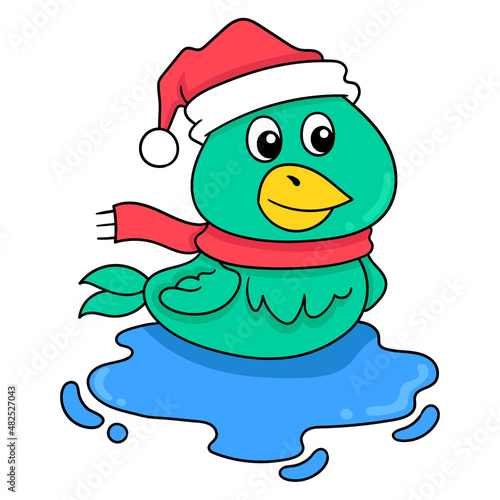 duck wearing christmas hat swimming, doodle icon image kawaii