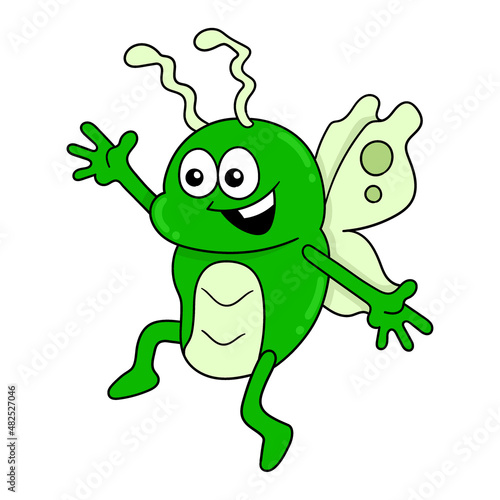 green insect with happy face welcoming spring, doodle icon image kawaii