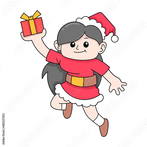 girl wearing christmas costume brings gifts, doodle icon image kawaii