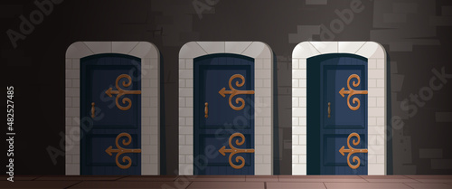 Medieval wooden doors in stone arch in in old house, castle or church. Vector cartoon illustration of ancient interior with brick wall and wood gates with golden handle and hinges