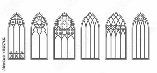 Gothic windows outline set. Silhouette of vintage stained glass church frames. Element of traditional european architecture. Vector