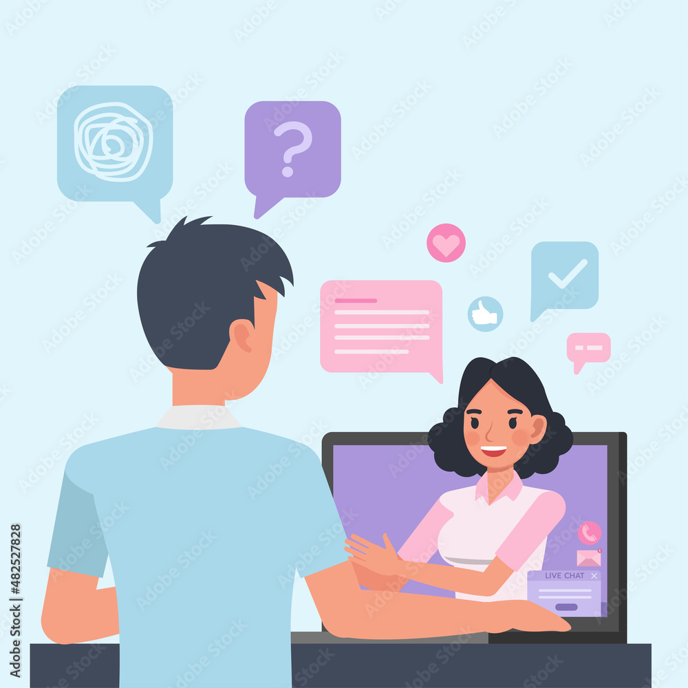 Man sitting and talking to psychologist online. Female psychotherapist helping patient by video call. people character vector design. Man sitting and talking to psychologist online. Female psychotherapist helping patient by video call. people character vector design.