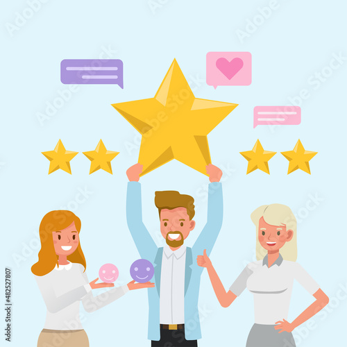Man and woman give review rating and feedback. Positive feedback form customer. people character vector design.