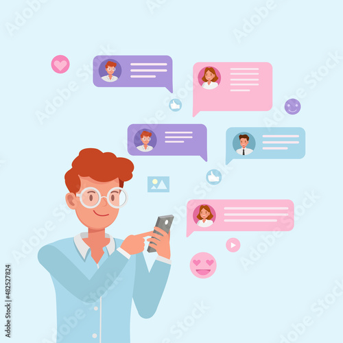 Man holding smartphone chatting with friends and sending picture, new messages, speech bubbles boxes, video call, Social networks, communication concept. people character vector design.
