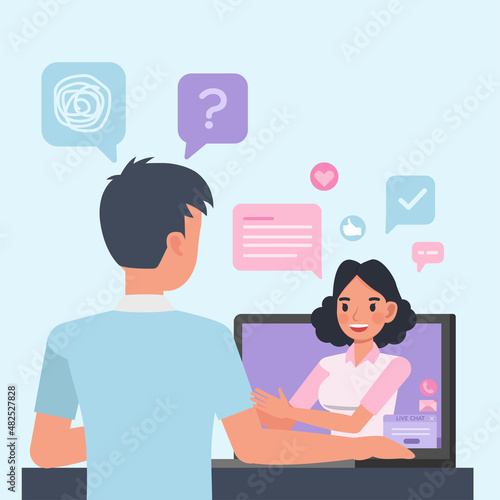 Man sitting and talking to psychologist online. Female psychotherapist helping patient by video call. people character vector design.