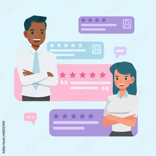 Testimonials and star rating with text placeholder, customer review, testimony, feedback or notification for info graphic, application and website. people character vector design.