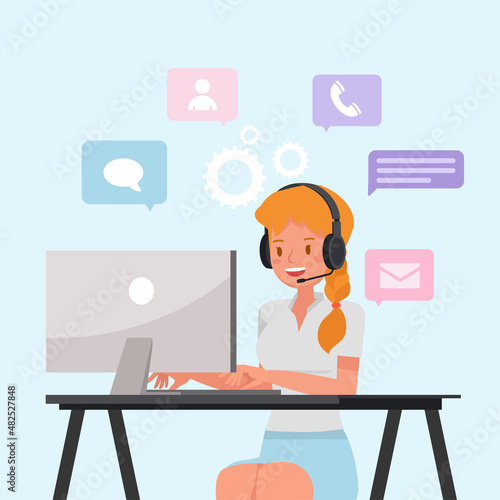 Woman call center workers in headphones and sitting in office. Customer service, hotline operators, support department staff, technical support. people character vector design.
