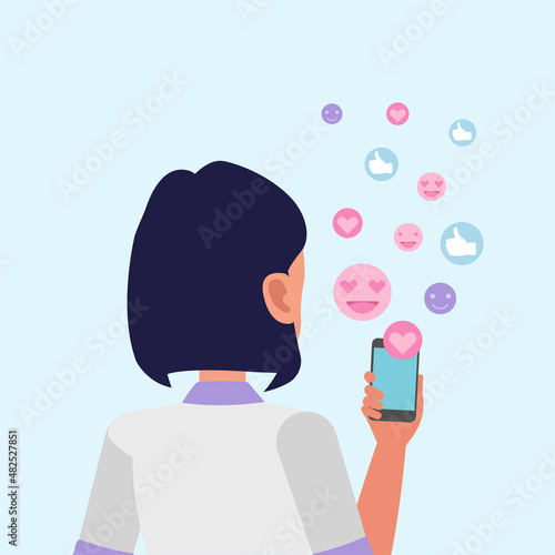 Woman hands holding device, internet digital marketing, likes and reactions to a social media profile on mobile phone concept. people character vector design.