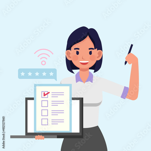 Woman holding laptop, pencil and leave a review, online survey suggestion opinion review feedback concept. people character vector design.