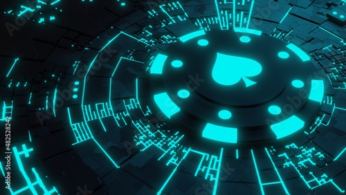 Casino chip on the neon technological background.Online casino. 3d illustration.